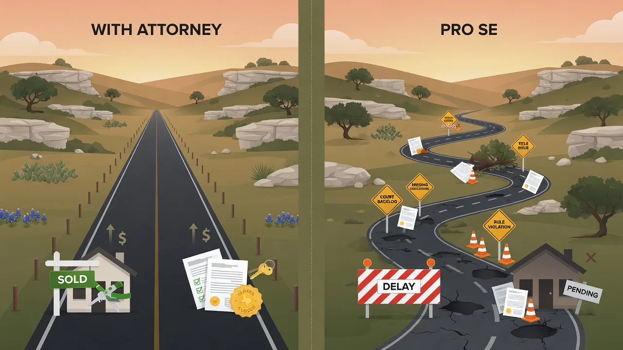 A visual comparison showing the smooth path of probate with professional guidance versus the winding, obstacle-filled path of pro se probate — illustrating how small errors compound into larger problems