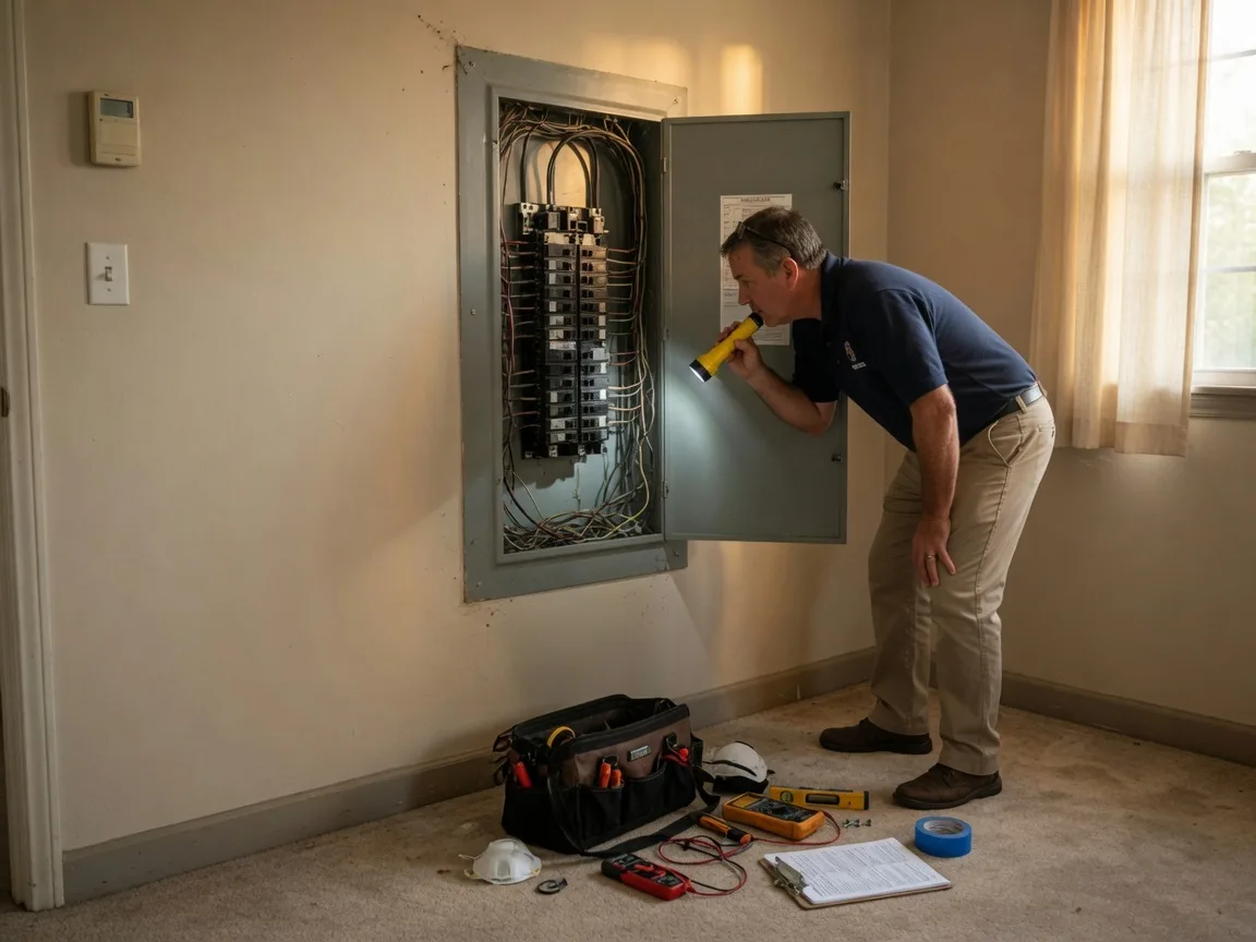 A home inspector examining an electrical panel with a flashlight during a buyer's property inspection, representing the inspection process that intersects with as-is disclosure obligations in estate sales