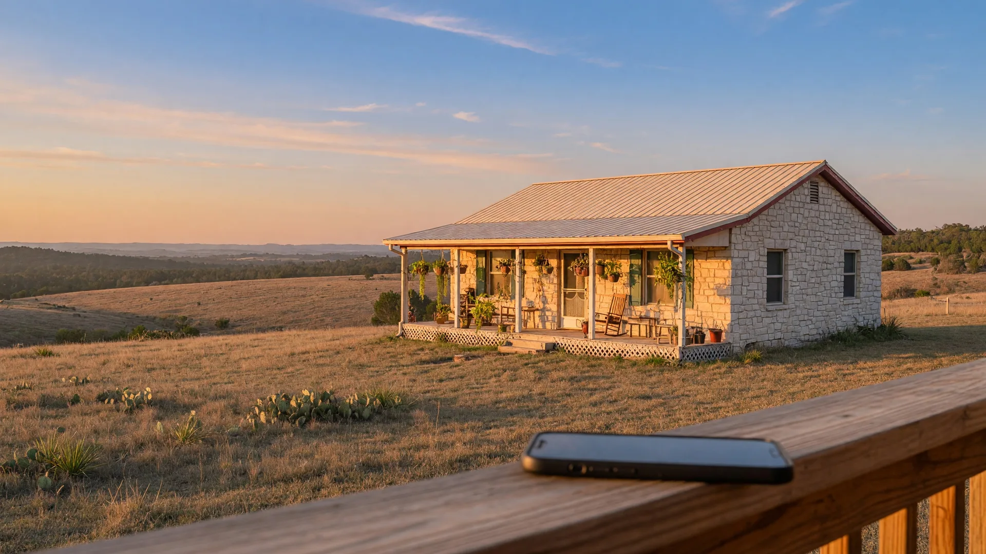 A Texas Hill Country ranch home viewed from a distance across open grassland, with a phone resting on a porch railing symbolizing remote property management by an out-of-state executor
