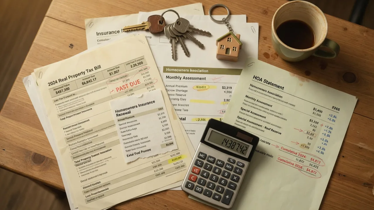 Property tax documents, insurance bills, and home maintenance costs arranged on a desk — the accumulating expenses that estate executors face when holding a property too long