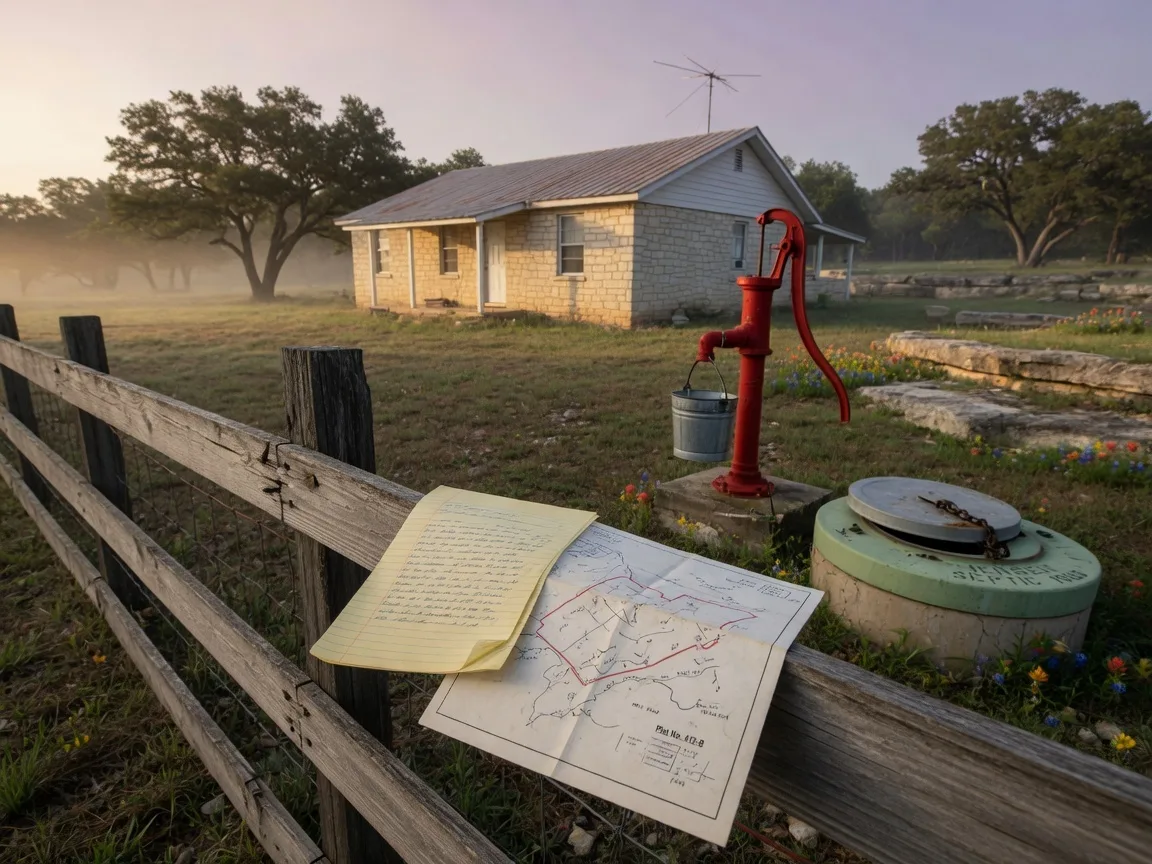 A Texas Hill Country rural property with an old well pump and septic system access cover in the landscape, representing the well and septic disclosure requirements executors must navigate