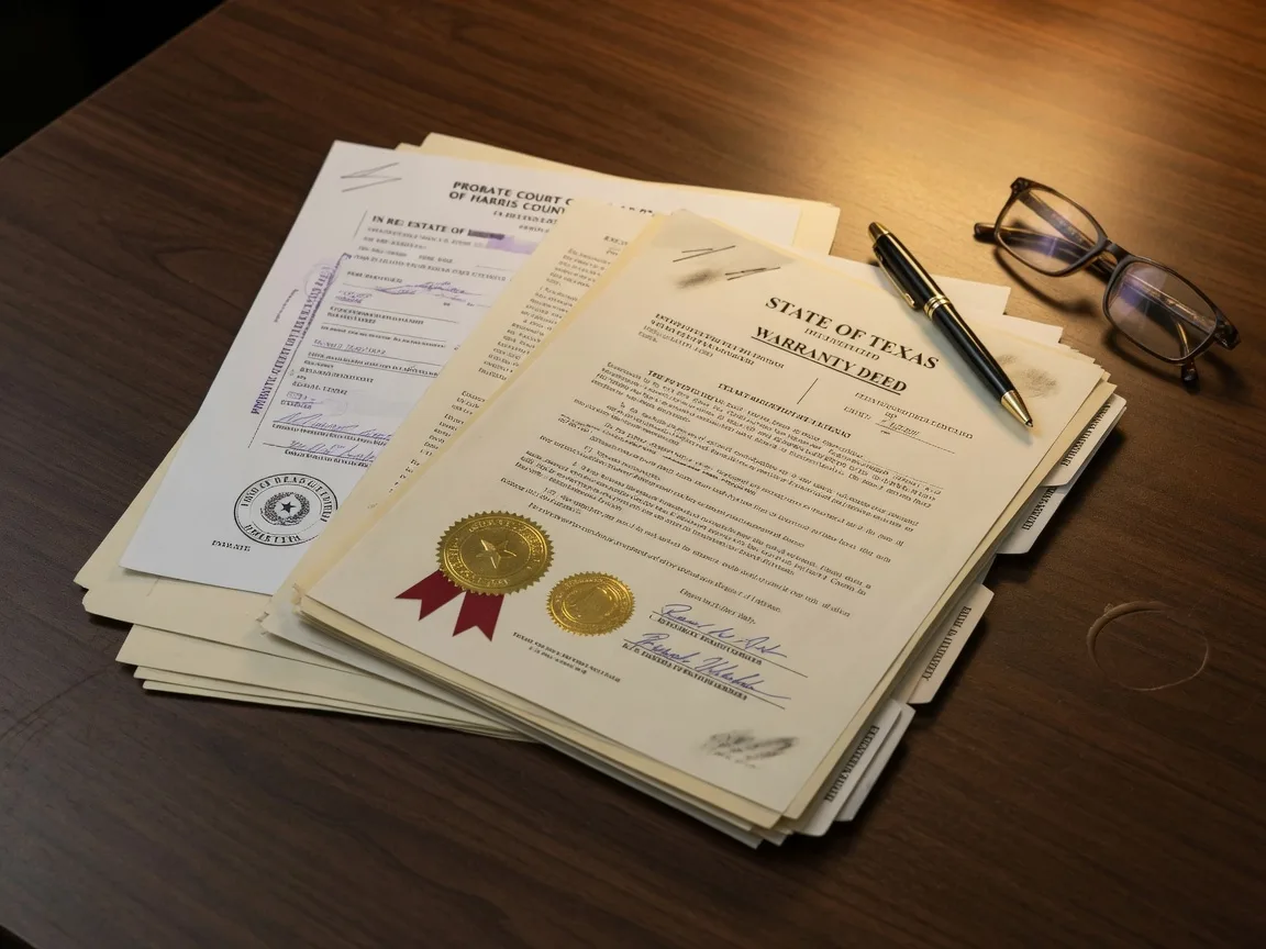 Estate paperwork, a Texas property deed, and probate court filings stacked on a desk with a pen and reading glasses, illustrating the legal documentation an out-of-state executor must gather
