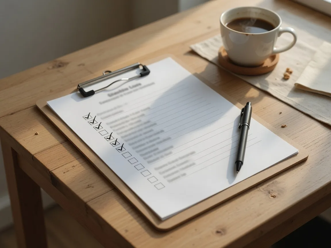 A clipboard with a checklist and a pen on a wooden desk, with a coffee cup in the background, representing the step-by-step practical workflow process executors should follow when managing disclosure risk in an estate property sale