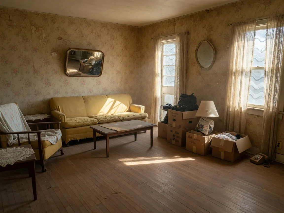 An empty Texas living room with worn hardwood floors and dust motes in the air, representing the estate clean-out decision families face when preparing an inherited property for sale