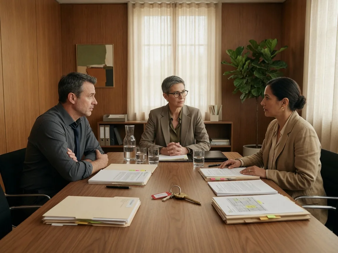 A family gathered around a table with estate documents, tension visible as they discuss what to do with a home during probate