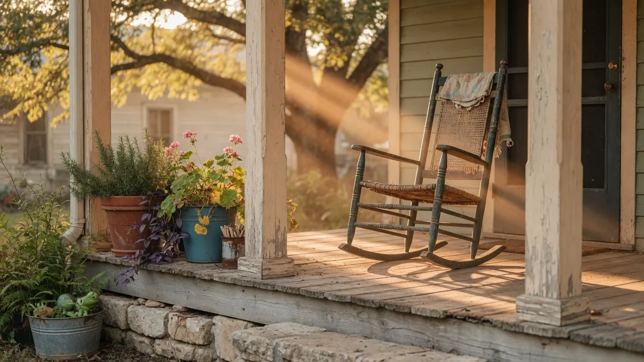 A classic Texas Hill Country ranch-style home framed by mature live oak trees, its stone facade glowing in late afternoon golden-hour light, with a wide porch and wooden columns suggesting decades of family history