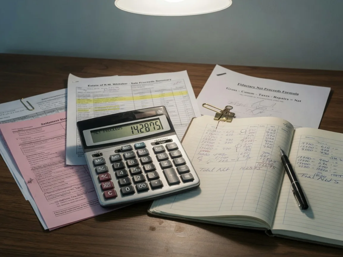 A calculator next to financial documents and a ledger notebook with handwritten numbers, representing the mathematical fiduciary net-proceeds evaluation process