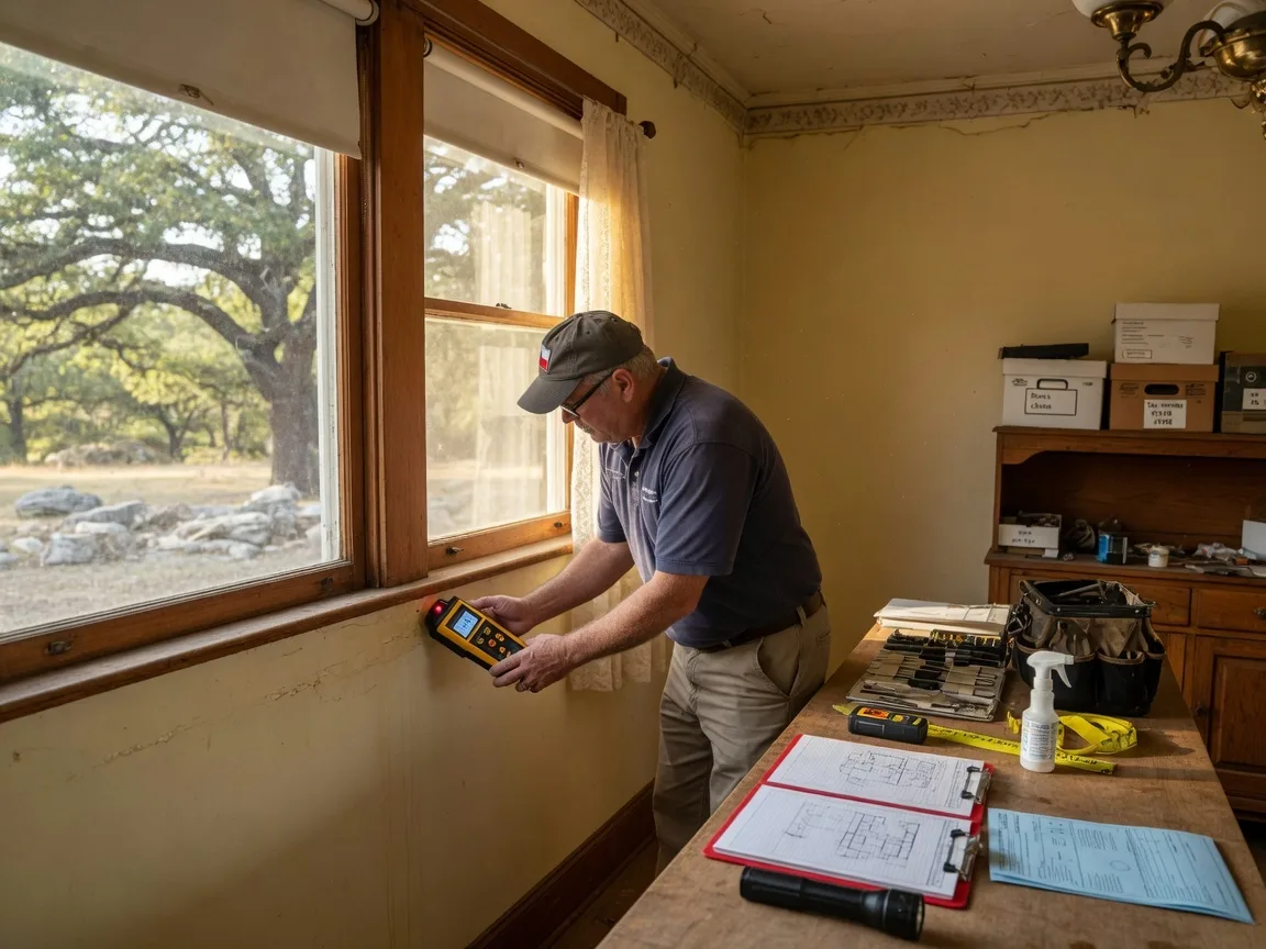 A home inspector using a moisture meter on a wall near a window in a Texas Hill Country home, with tools and a clipboard on a nearby counter, representing the pre-listing inspection process that helps executors identify and disclose property defects