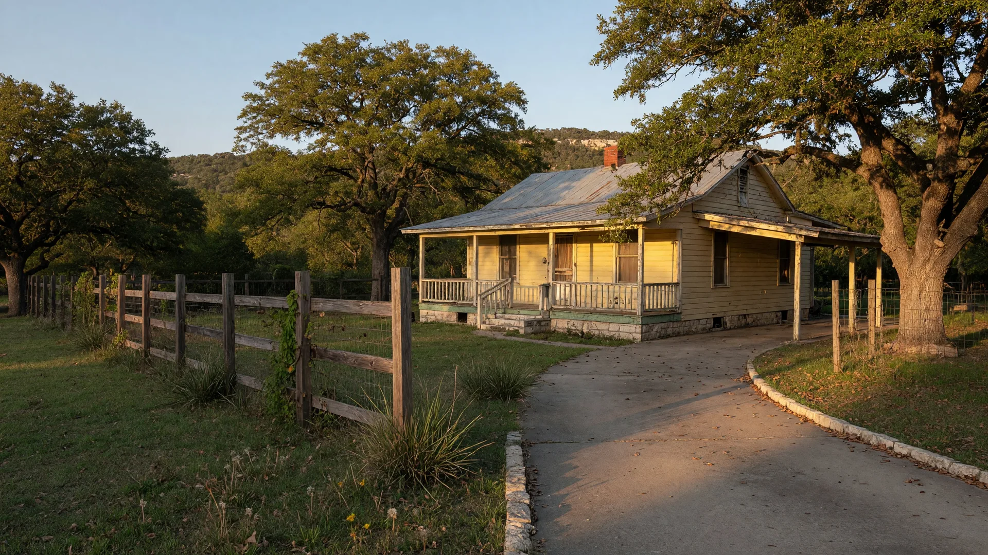A Texas Hill Country home with weathered features and signs of deferred maintenance, representing the difficult decision about whether to repair, clean out, sell as-is, or wait
