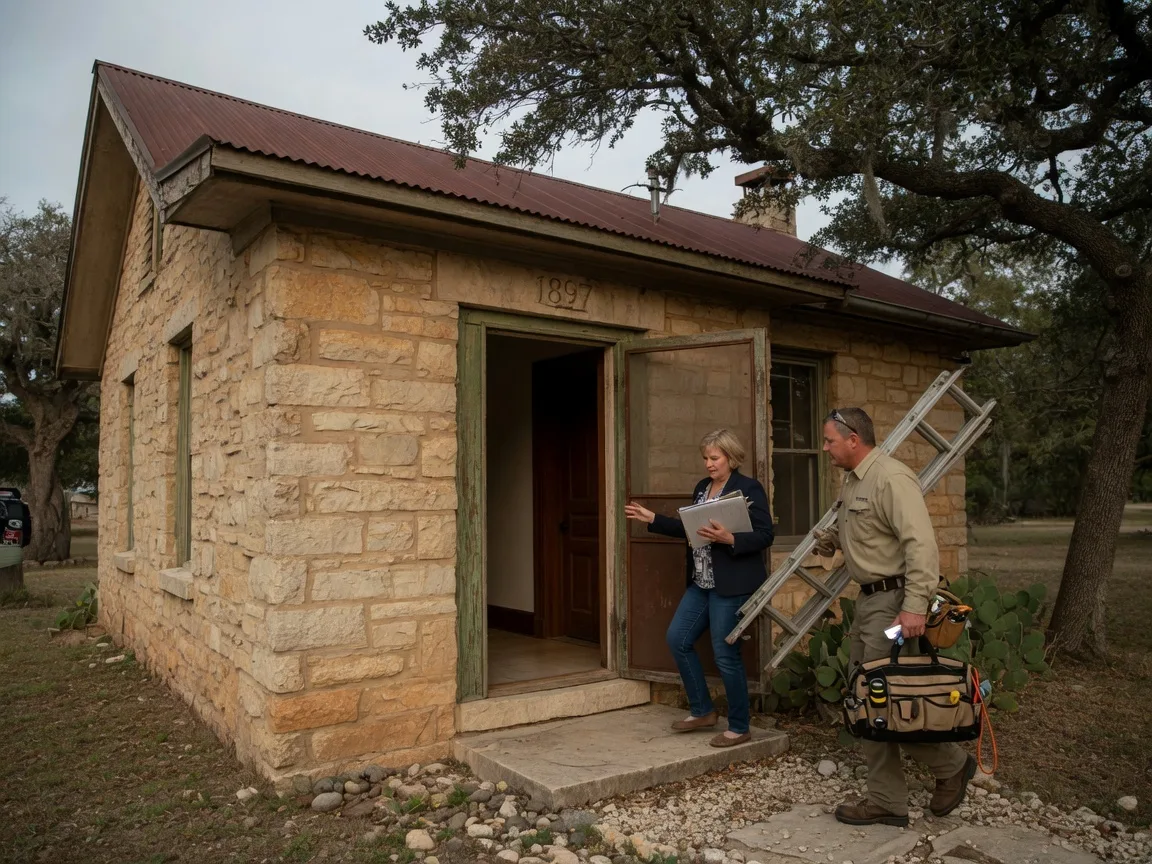 A real estate agent and a home inspector carrying a ladder and tool bag walking up the front path of a Texas Hill Country home with limestone facade and mature live oaks, representing the pre-listing inspection process for estate properties