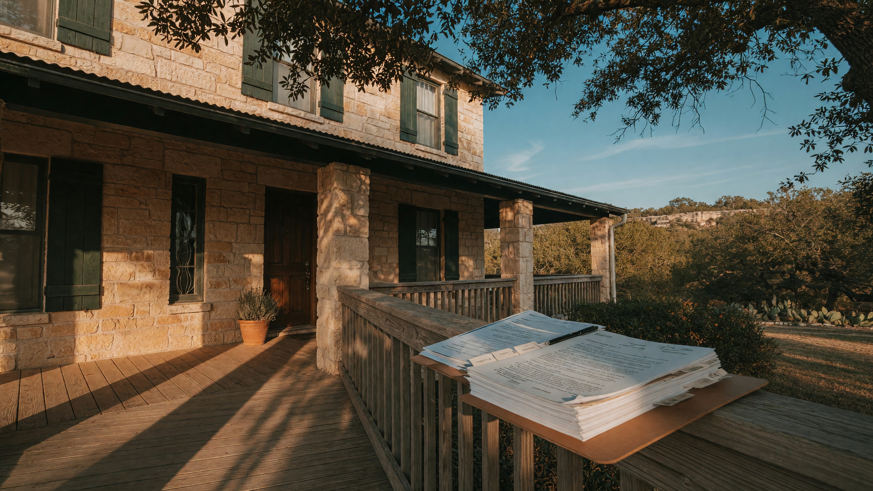 A Texas Hill Country home with estate documents on the porch, representing executor authority during probate