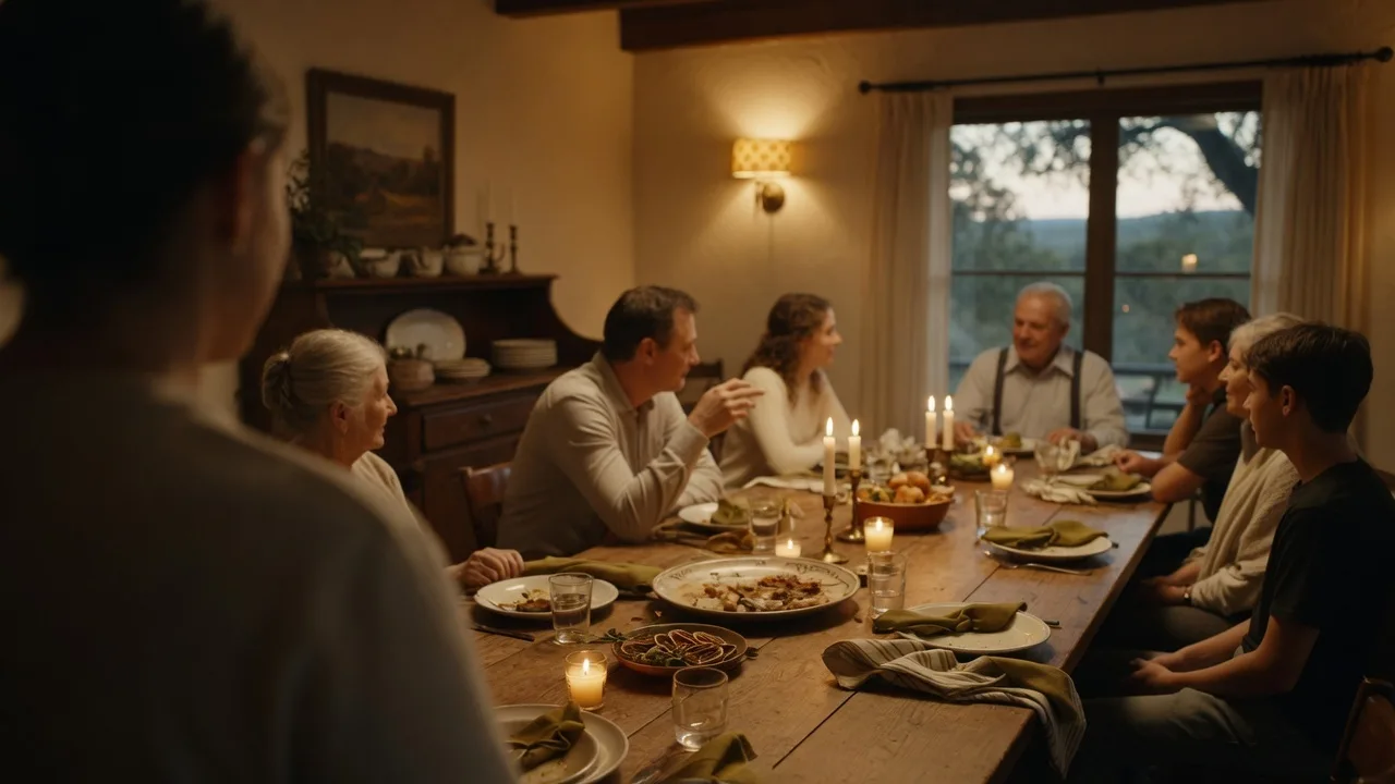 Multiple generations gathered around a large wooden dining table in a warm home interior, soft candlelight and golden tones creating a sense of togetherness, conversation, and family connection