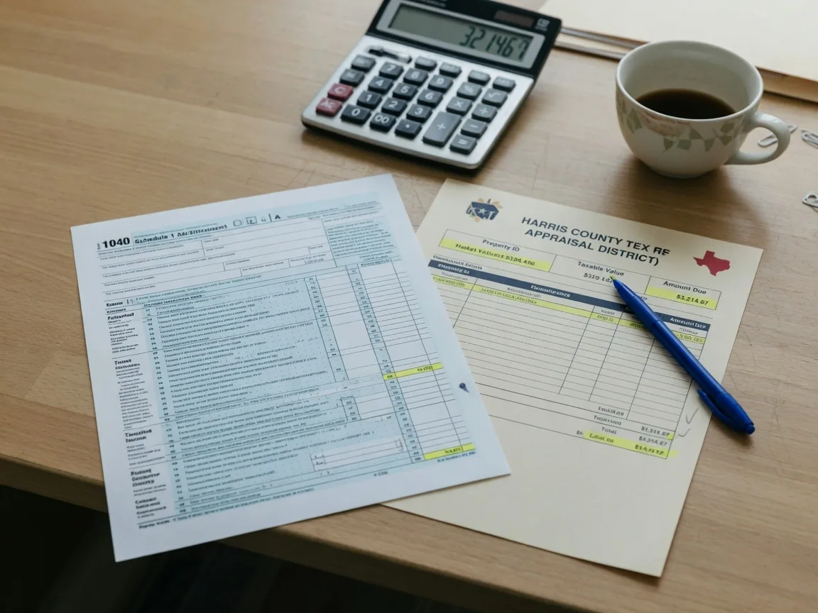 Tax documents and financial forms arranged on a clean wooden desk with a calculator and a pen, including IRS forms and property tax statements with visible columns of figures, representing the financial and tax aspects of clearing title on an inherited Texas property