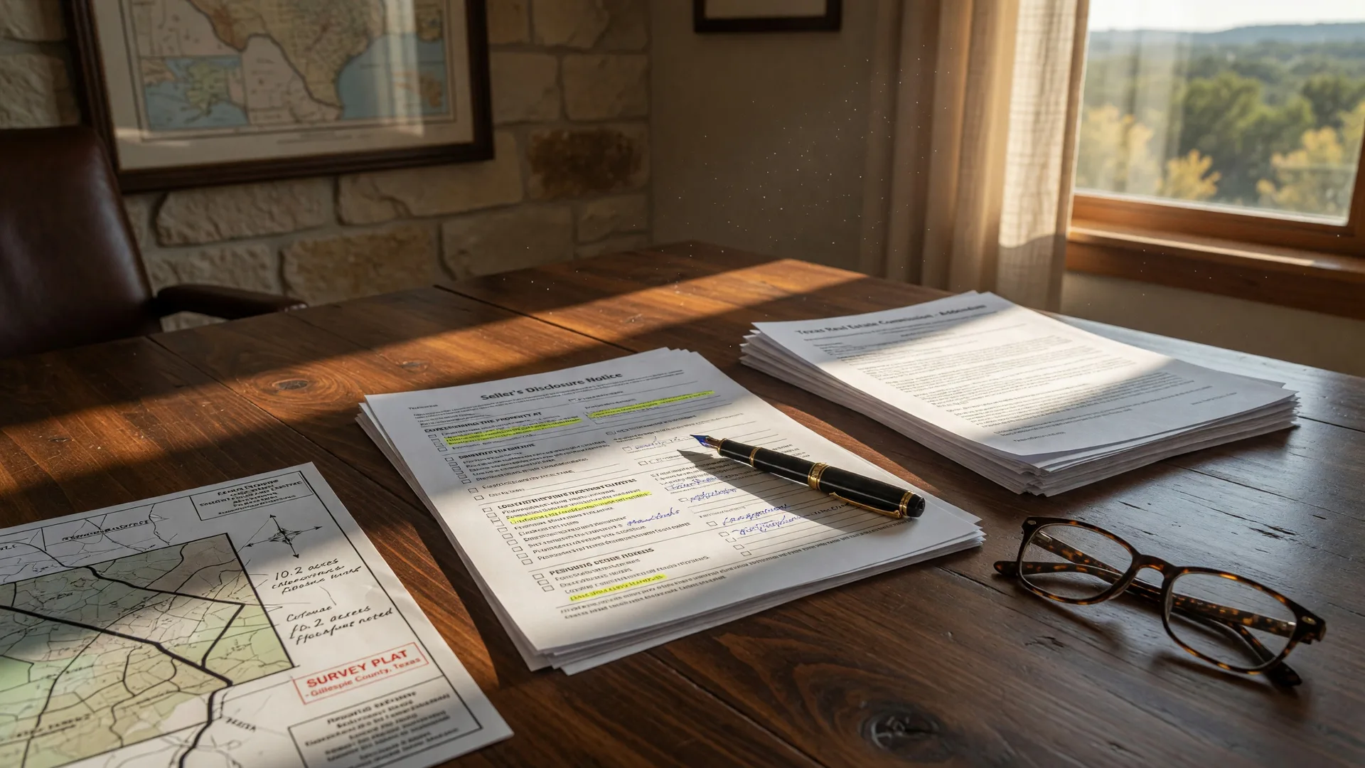 Texas property disclosure forms and legal documents spread across a dark wooden desk with a fountain pen and reading glasses, representing the complex disclosure obligations executors face when selling estate property