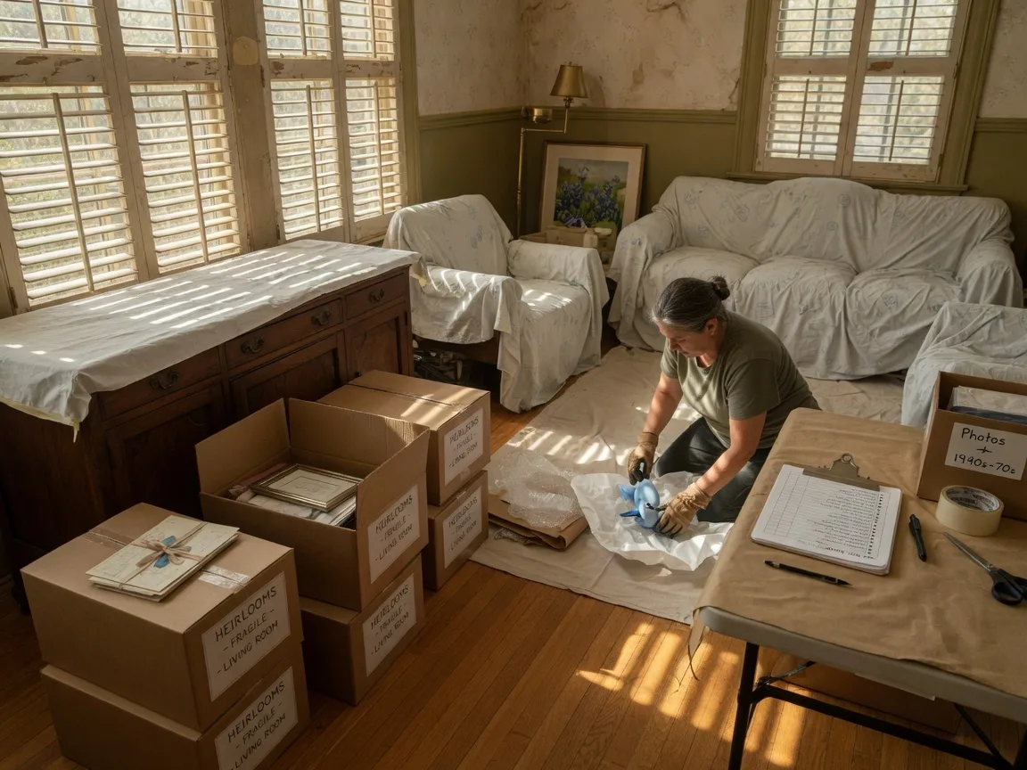 An estate clean-out specialist carefully wrapping family heirlooms and packing boxes in a sunlit Texas Hill Country living room, with a clipboard and inventory checklist on the table, representing the professional handling of personal property during estate preparation