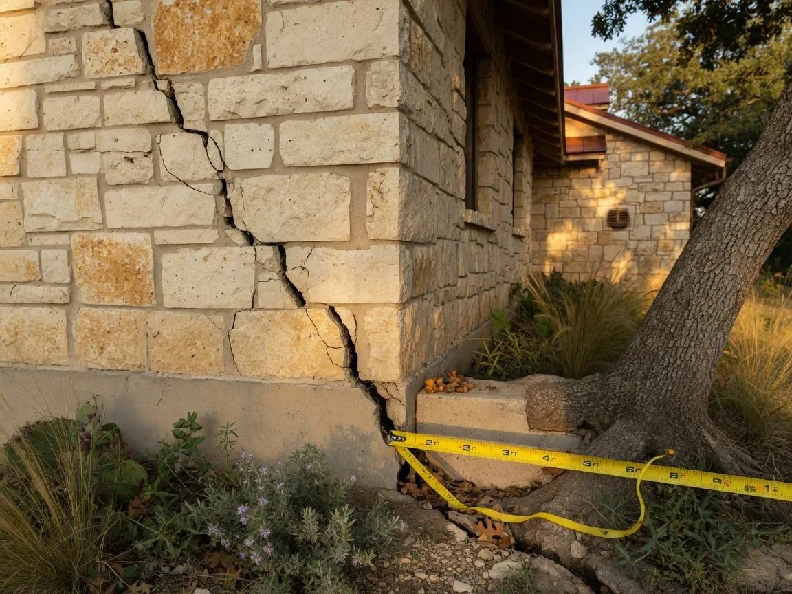 A Texas Hill Country limestone home with a visible foundation crack and a surveyor's measuring tape alongside it, representing the common foundation and structural disclosure issues executors face in this region