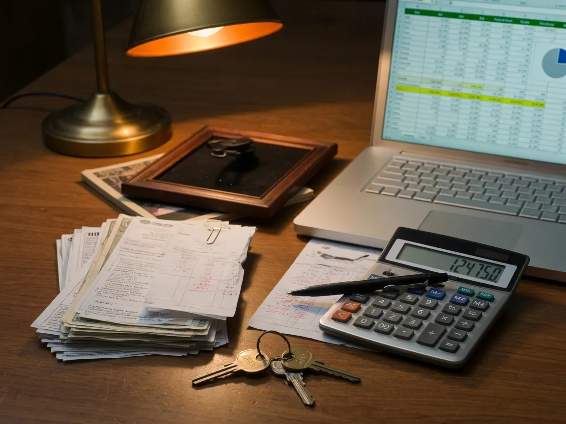 A calculator and financial documents on a desk, representing the carrying cost analysis families need when managing an estate property