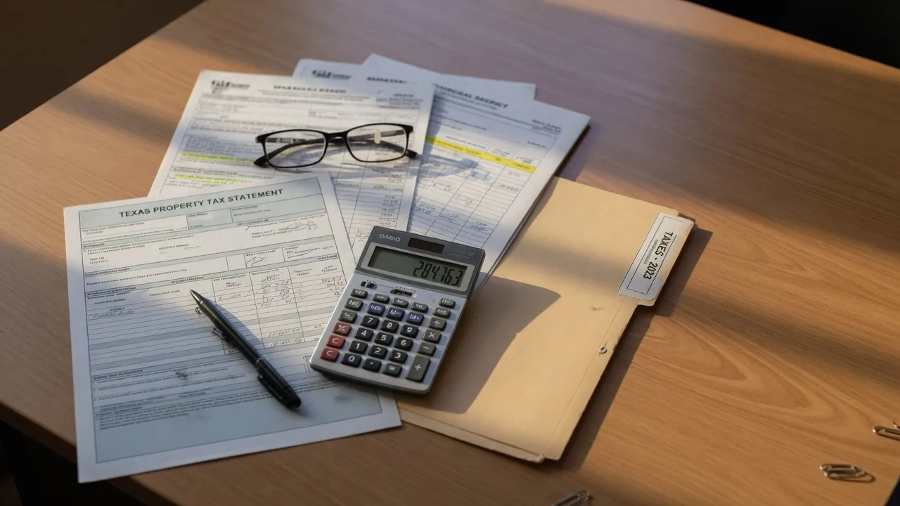 Property tax documents, a calculator, and financial paperwork on a desk — the documents an executor must track during estate administration