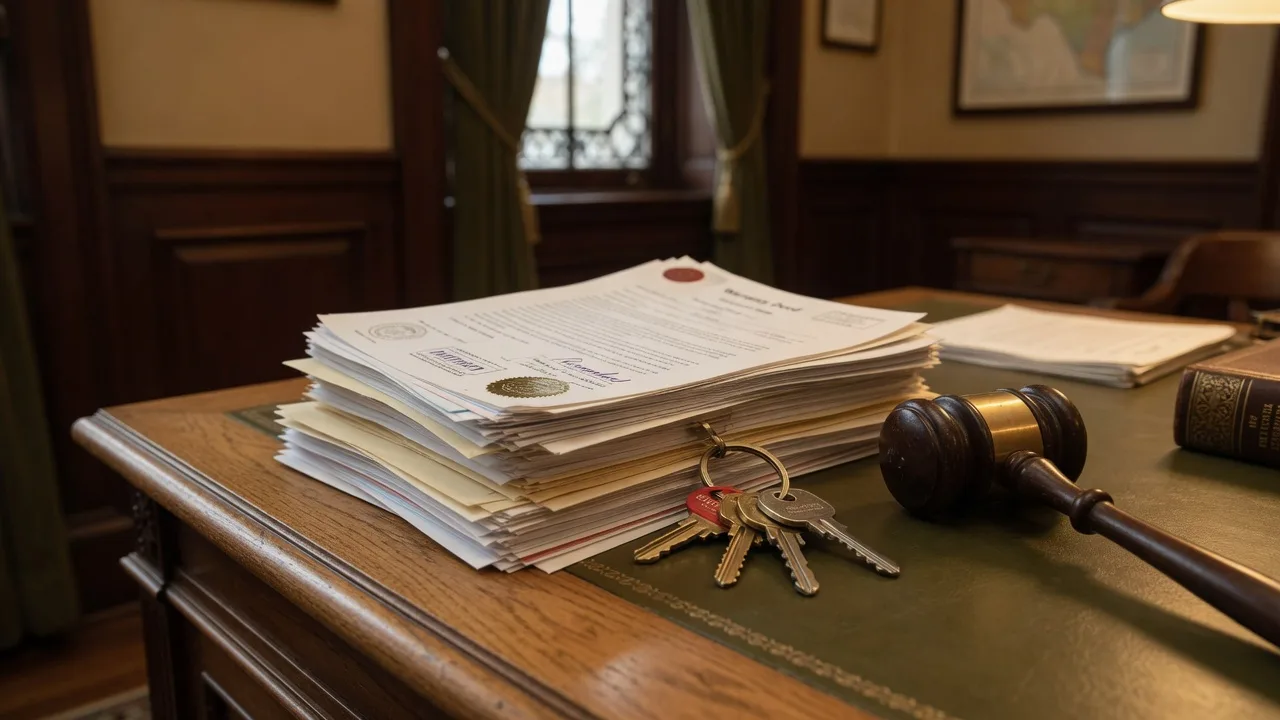 Legal documents, property deeds, and house keys on a wooden desk in a Texas courthouse setting, representing the title clearance process for inherited property