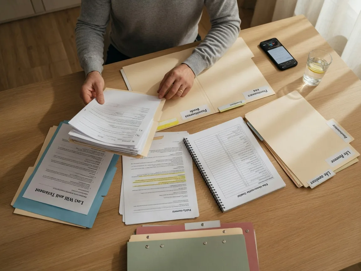 Hands reviewing estate documents and insurance paperwork on a desk, with a phone and organized folders nearby, conveying methodical executor planning