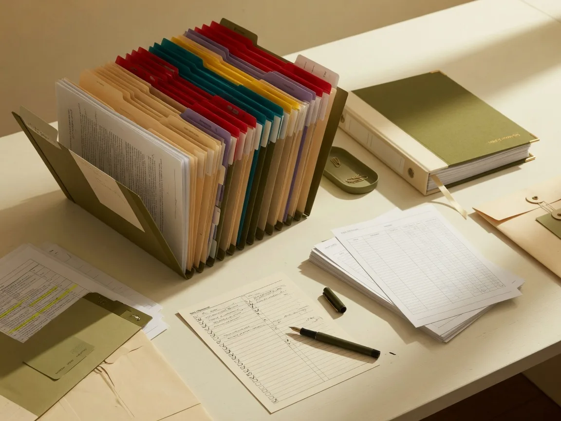 A wooden dining table with property photographs, documents, and a laptop showing a real estate listing — suggesting a family or personal representative reviewing options for an inherited home