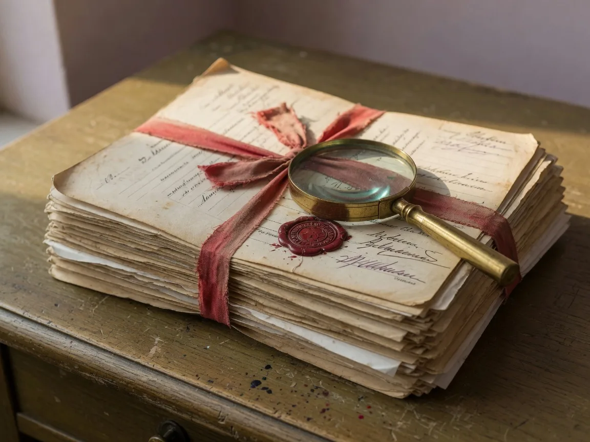 A stack of aged Texas property deeds tied with a red ribbon on a wooden desk, with a brass magnifying glass resting on top revealing notary seals and handwritten signatures, representing the title research and examination process for a probate real estate sale