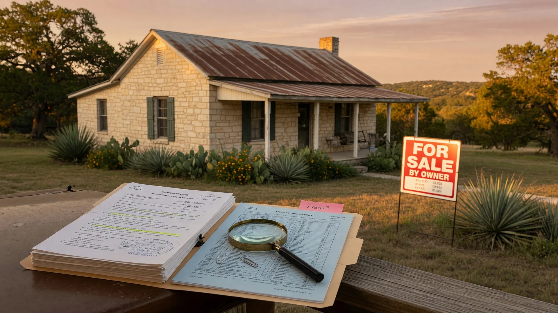 A Texas Hill Country home with a for-sale sign in the foreground, alongside legal documents and a magnifying glass suggesting a title search in progress