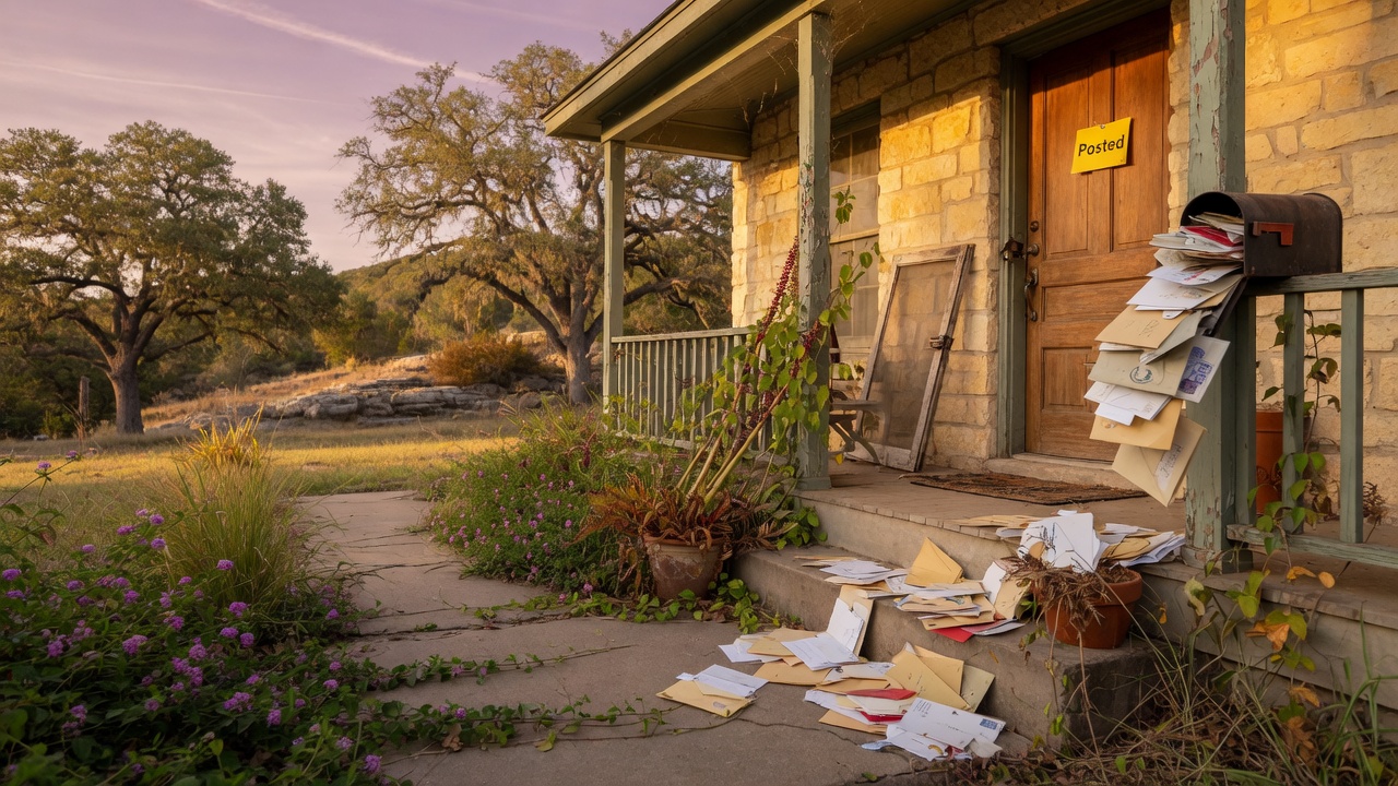 A Texas Hill Country home porch with a locked front door, overgrown landscaping, and an overflowing mailbox — showing the neglect that happens when distance prevents regular maintenance