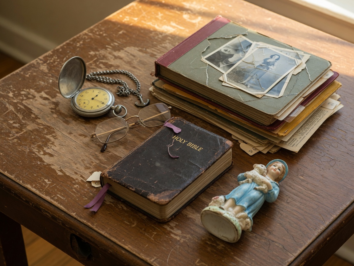 Cardboard moving boxes stacked in a sunlit room with old books, framed photographs, and a dust-covered armchair, representing the half-packed state of a home during an estate clean-out