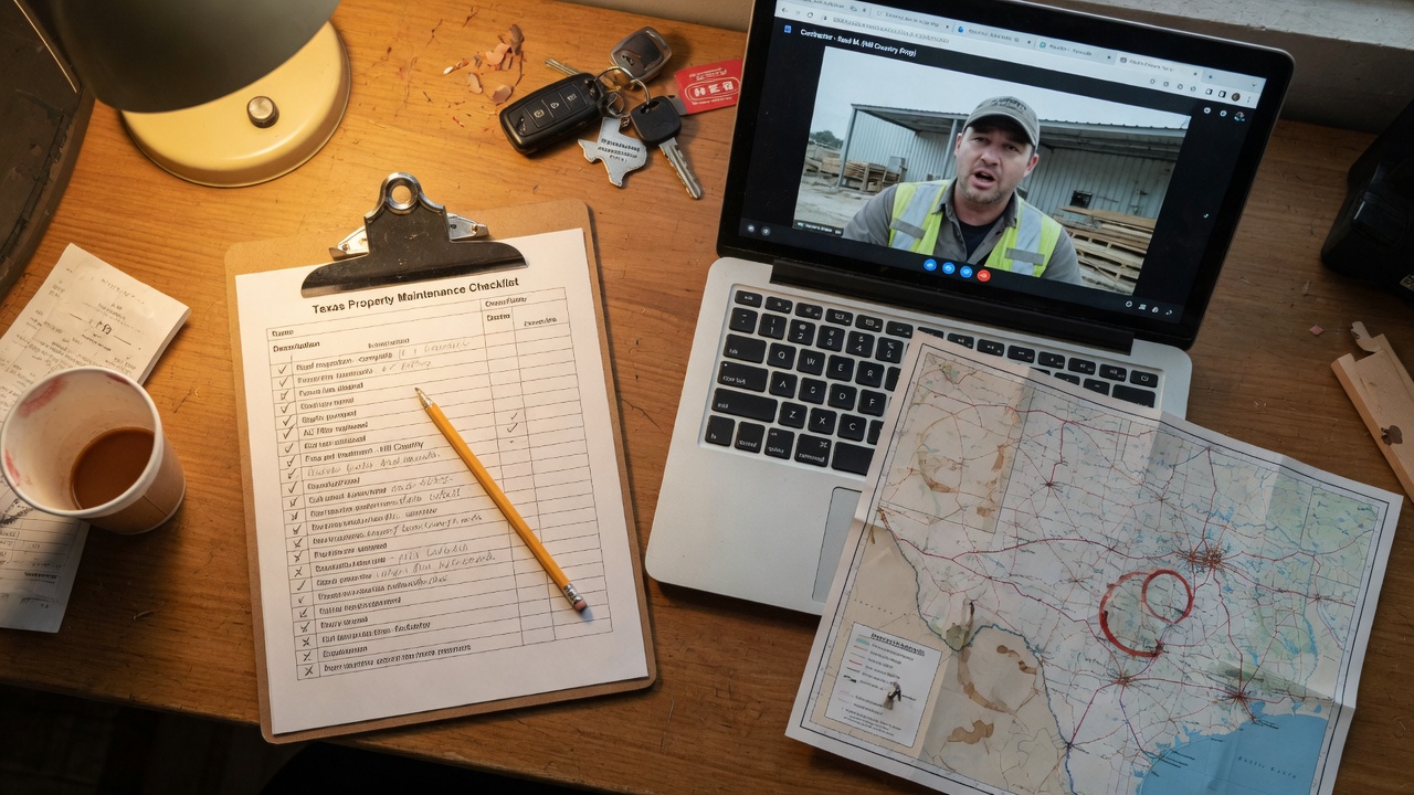 A desk with a clipboard maintenance checklist, laptop showing a video call, car keys, and a Texas map with a Hill Country pin — representing the remote management challenges an out-of-state executor faces