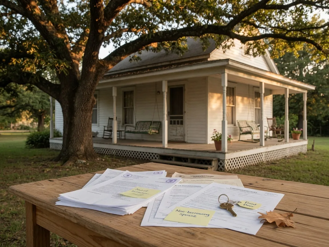 A Texas homestead with a mature live oak tree and wrap-around porch, alongside HUD documents and a house key on a wooden table, representing the surviving non-borrowing spouse's right to remain in the home after a reverse mortgage borrower dies