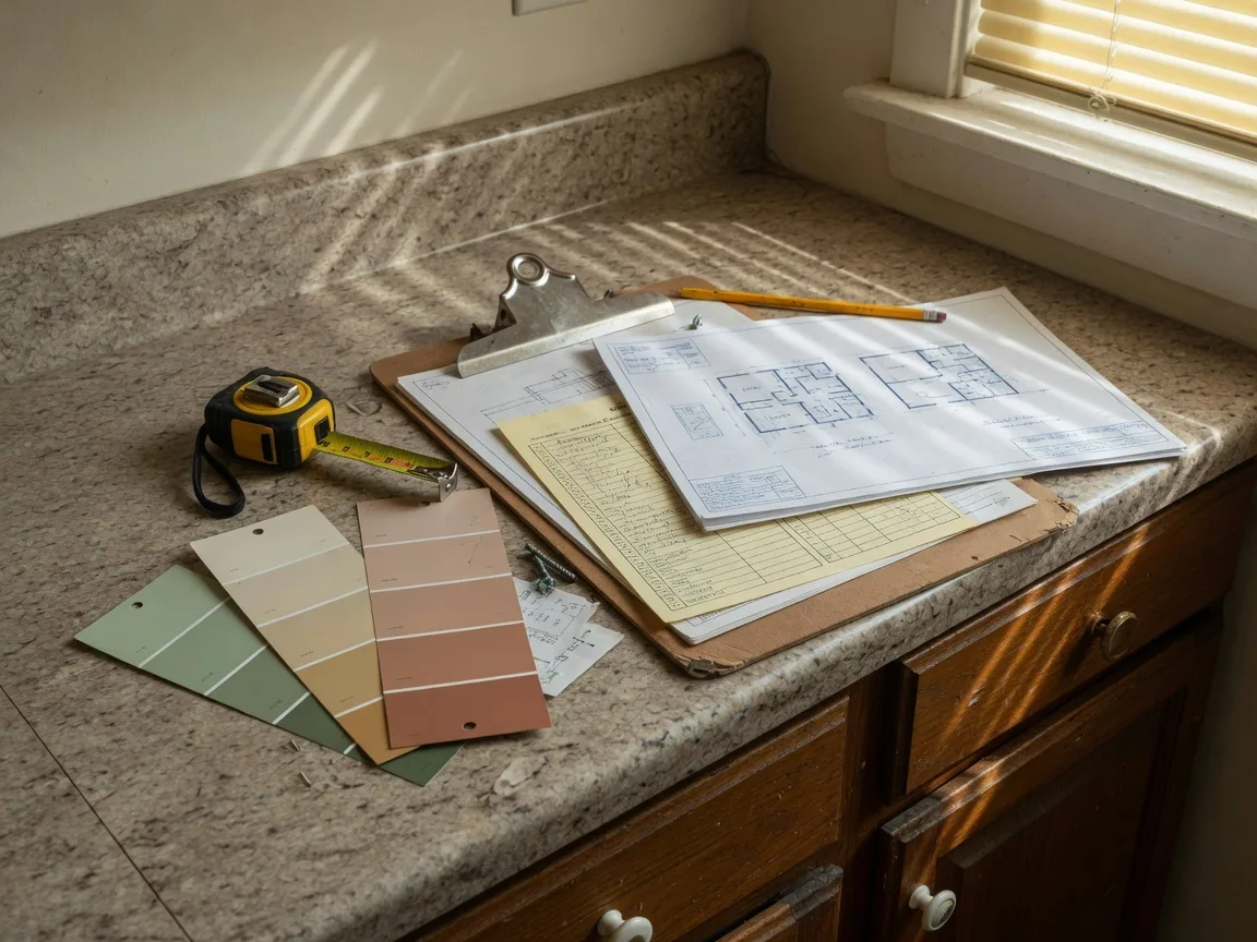 A contractor's clipboard with blueprints and inspection checklist, measuring tape, and paint swatches on a dated kitchen countertop, representing the repair-versus-sell analysis estate executors must perform