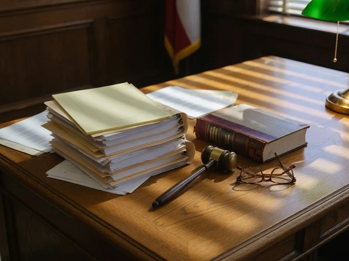 A Texas probate attorney's desk with legal documents, a law book, reading glasses, and a brass gavel in warm afternoon light, representing the legal guidance that forms the foundation of every estate home sale