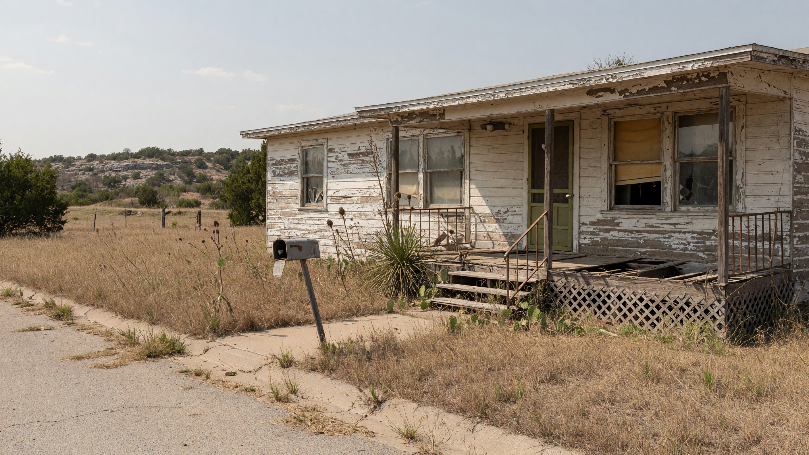 A vacant Texas home with overgrown grass and peeling paint, illustrating the deterioration that occurs when an estate property sits unoccupied during probate