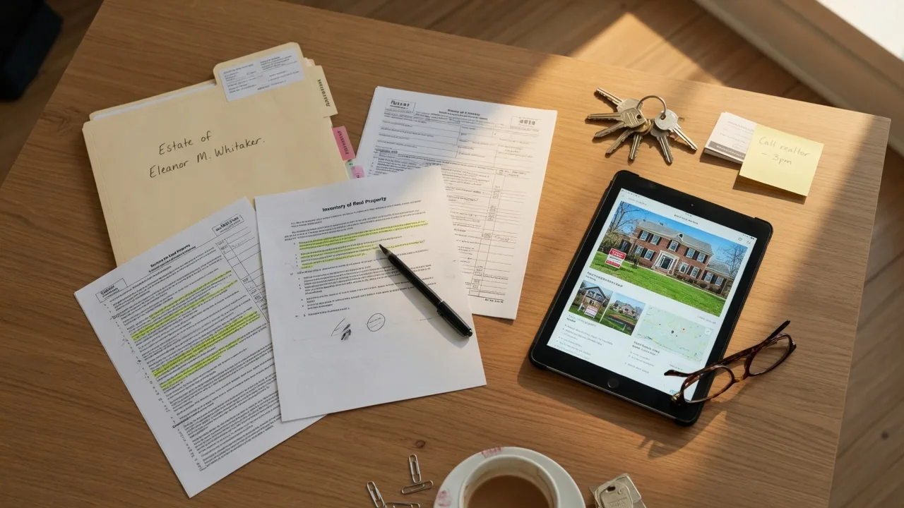 An executor's desk with estate planning documents, a tablet, and house keys — representing the careful review process during estate property decisions