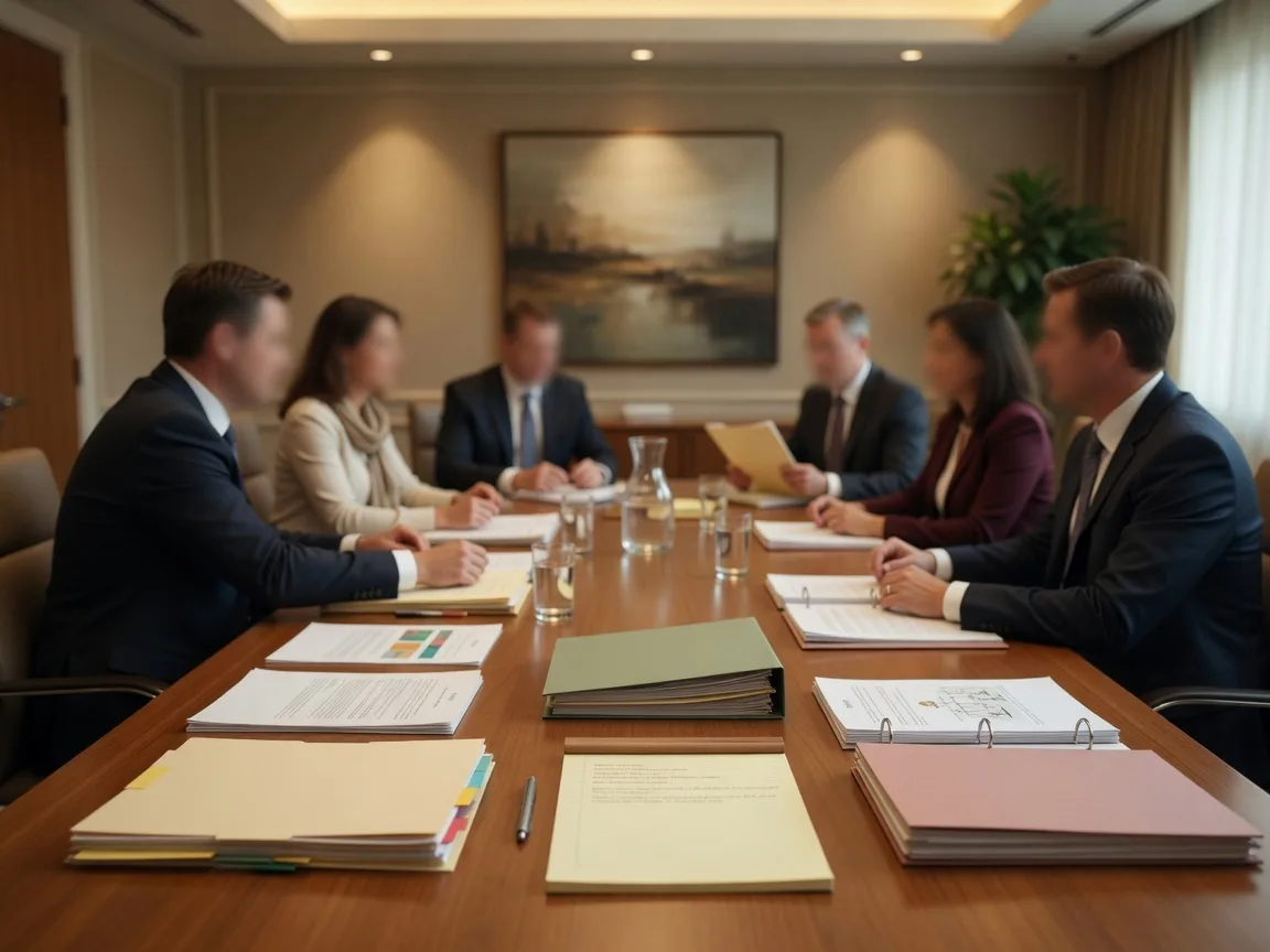 Professionals gathered around a conference table reviewing estate documents, representing the collaborative team approach required for fiduciary decisions in probate home sales