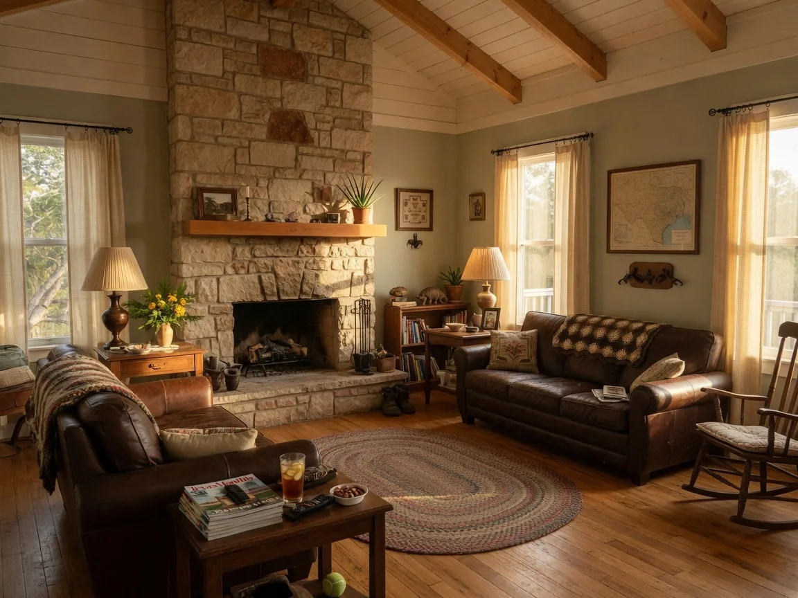 Interior of a well-kept Texas Hill Country living room with stone fireplace and hardwood floors, representing the type of estate property an out-of-state executor may need to assess and prepare for sale