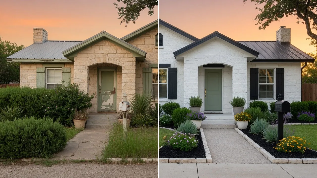 A well-maintained Texas Hill Country home with limestone facade and mature oak trees, with a clipboard and renovation checklist on the porch railing