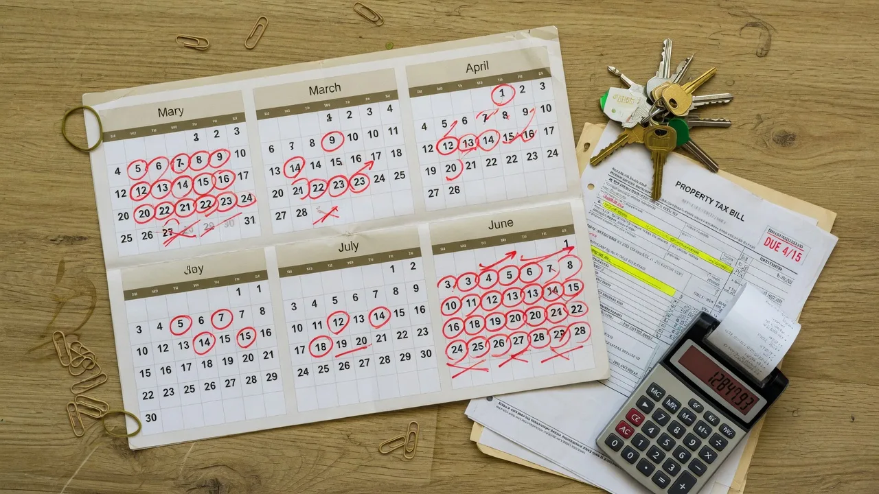 A calendar with months marked alongside house keys and property tax documents, representing the accumulating costs of delaying the probate process
