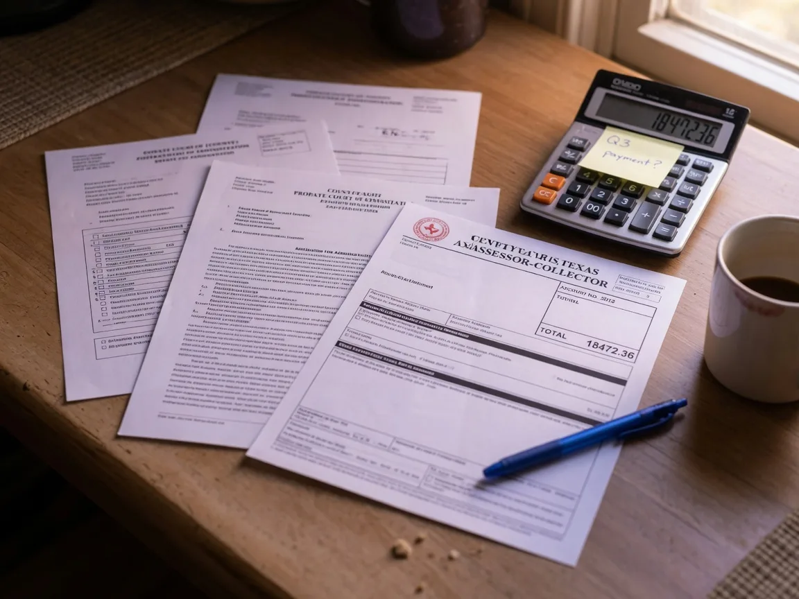Estate administration documents and a property tax bill spread across a table with a calculator, representing the financial obligations executors must manage during probate