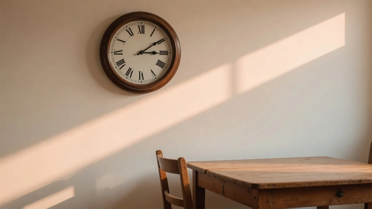A wall clock in an empty room with afternoon light casting long shadows — the quiet passage of time while an estate property sits unmanaged