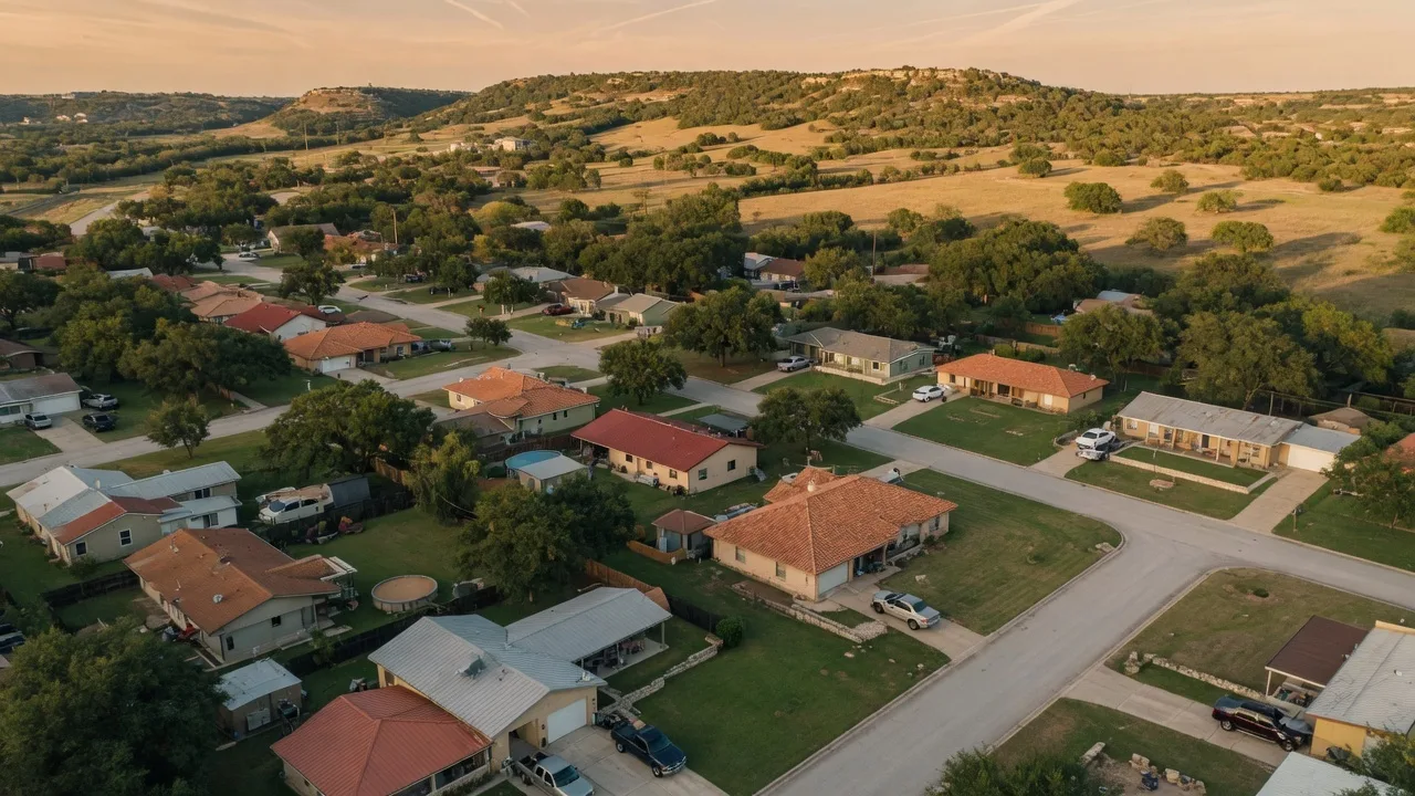 Aerial view of a Texas Hill Country neighborhood with tree-lined streets and ranch-style homes, showing the type of community where out-of-state executors may be managing estate property sales