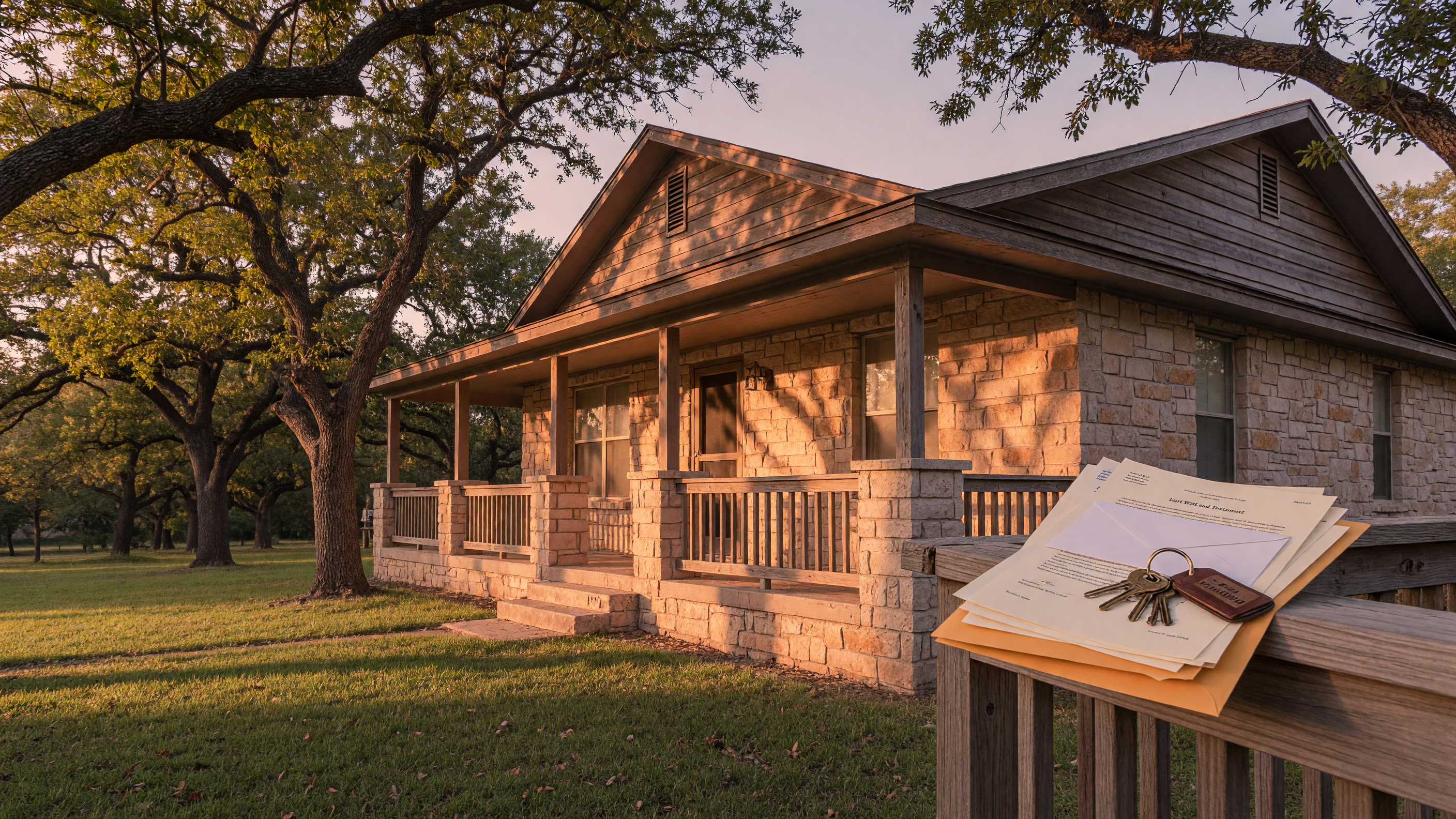 A Texas Hill Country family home at golden hour, representing the emotional weight of pricing an inherited property when heirs have different perspectives on its value