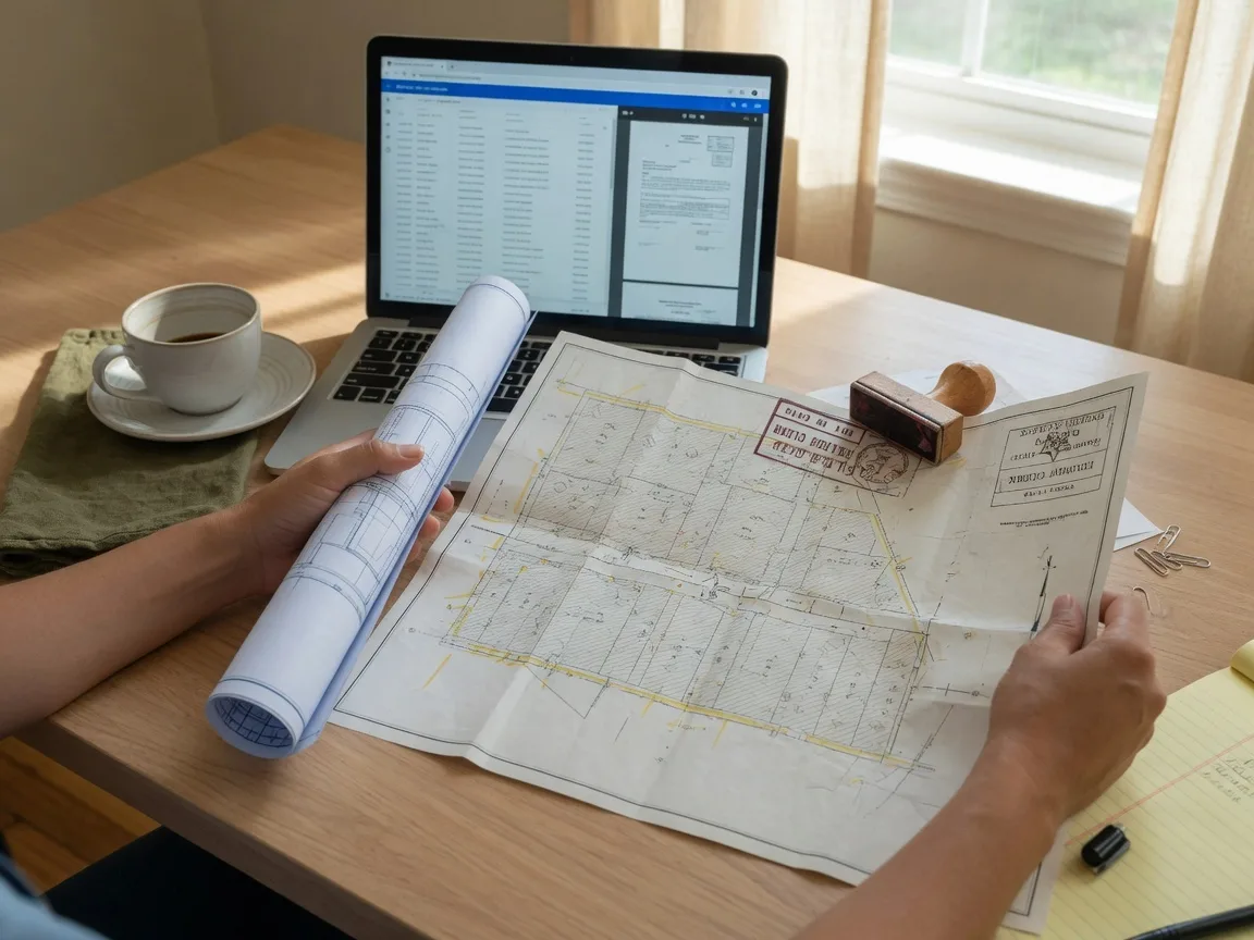 Hands holding a property survey map and blueprint on a wooden desk with a Texas county clerk document stamp visible, representing the title search process during a probate real estate sale