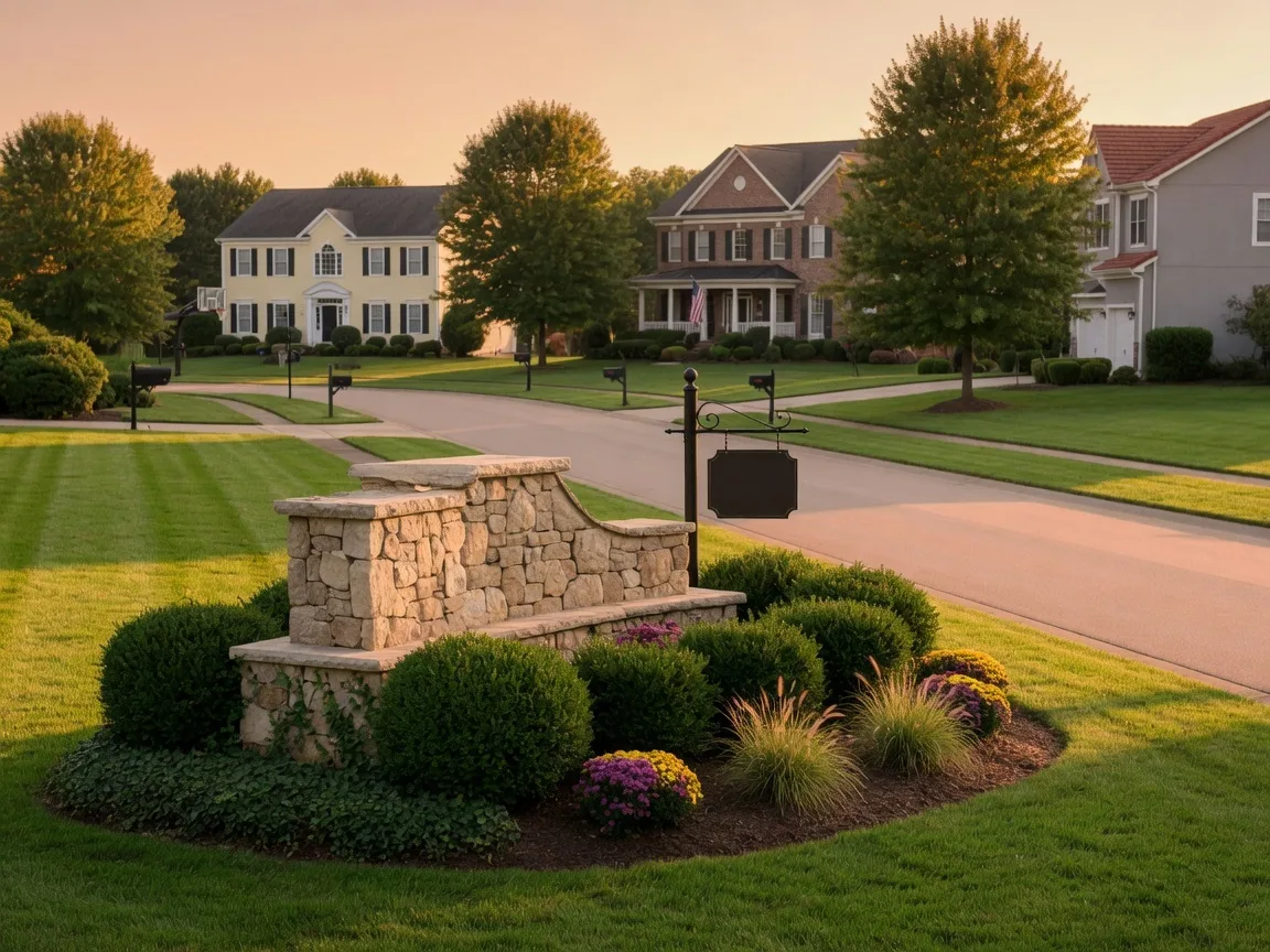 A well-maintained residential neighborhood with a stone community monument sign at the entrance, representing the homeowners association obligations and resale certificate requirements that executors must navigate when selling estate property in an HOA community