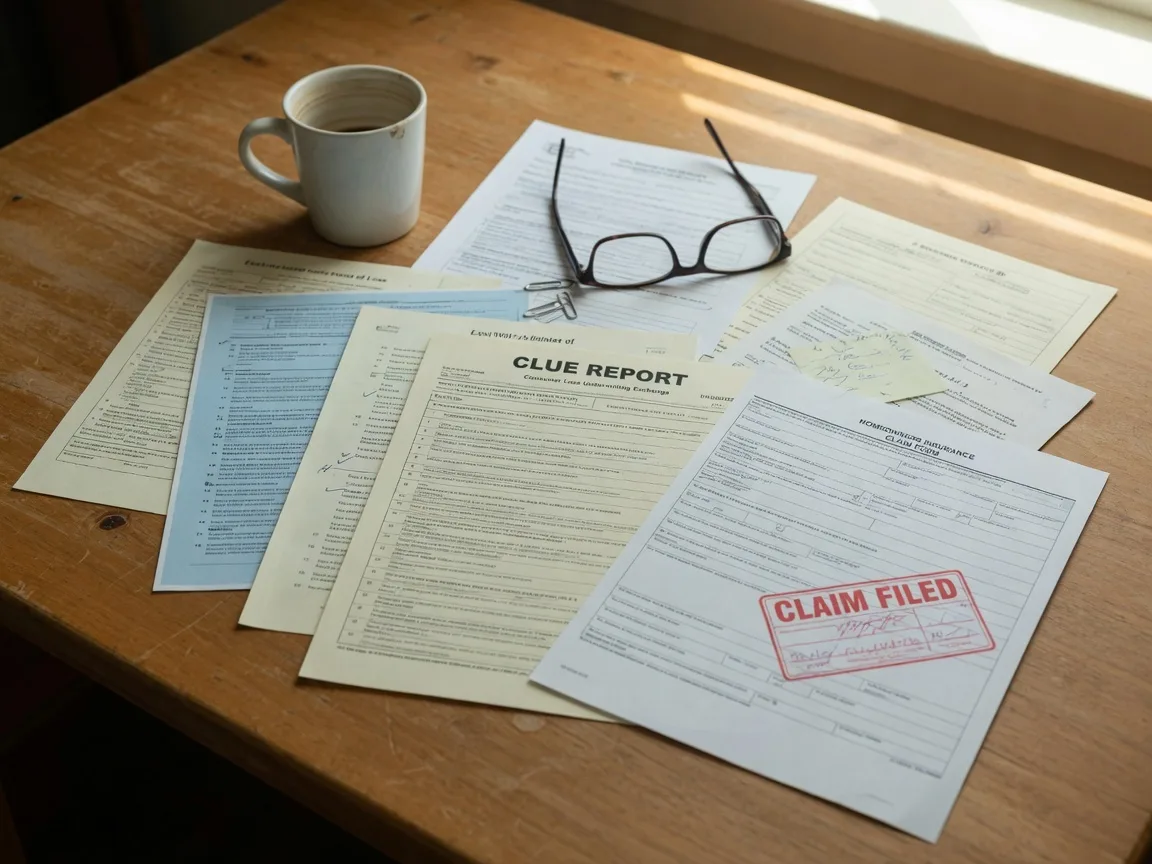 Insurance claim paperwork spread across a wooden table with a coffee mug and reading glasses, representing the insurance disclosure considerations executors must manage during an estate property sale
