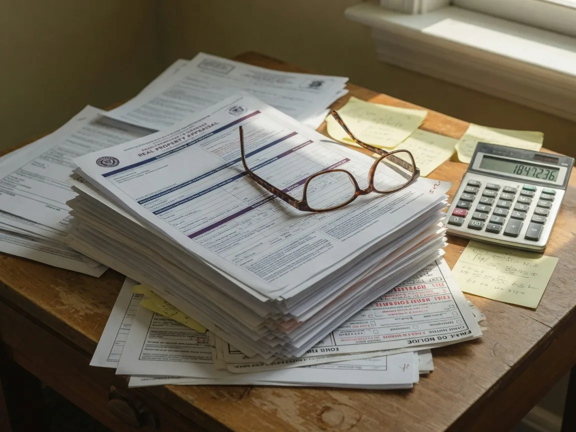 Property tax appraisal documents and government notices on a desk with reading glasses and a calculator, representing the tax burden discussion for estate properties