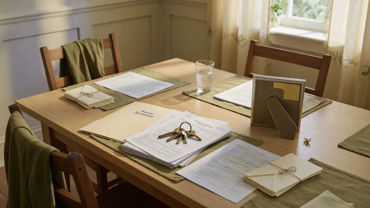 A family dining table with empty chairs and scattered estate documents, representing the disagreements that arise among heirs during estate home sales