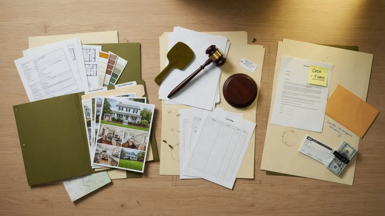 Three different real estate approaches laid out on a desk — a traditional listing folder, an auction gavel, and a cash offer document — representing the choice of sale types for estate properties