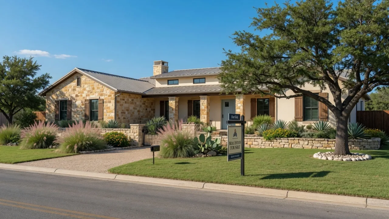 A well-maintained Texas Hill Country home with a real estate for-sale sign on the front lawn, native landscaping with ornamental grasses and a live oak, under a clear sunny sky